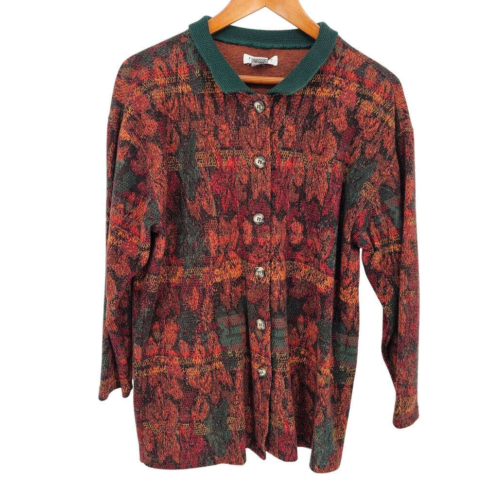 Vintage Express Tricot Autumn Leaf Print Button Up Collar Cardigan Sweater S